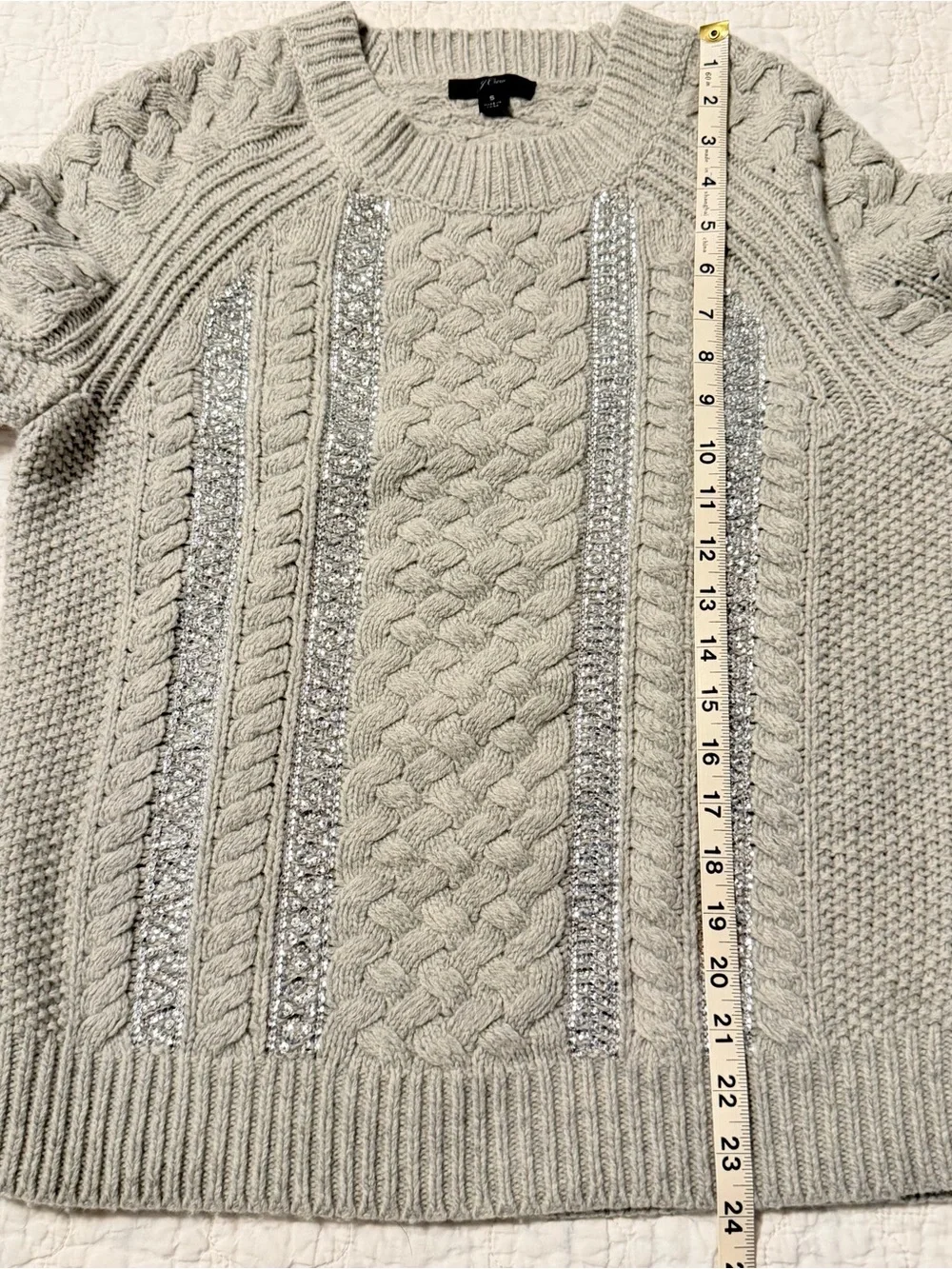 J. Crew Women Small Gray Cable Knit Sweater Sequins Merino Wool Cozy Warm Winter